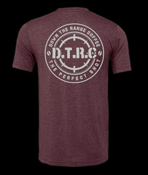 Down The Range Coffee Merch Maroon and Grey DTRC T – Shirt. 